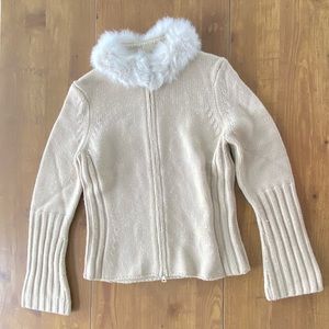 Tahari Cute Fur Collar Zip Up Warm Sweater Sand